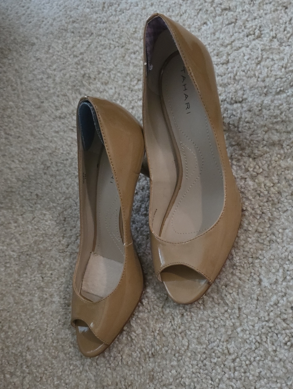 T Tahari Nude Patent Peep-Toe Heels